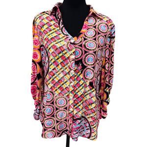 NEW PETER NYGARD Women's Printed Button Down Ruched Sleeve Shirt Size L